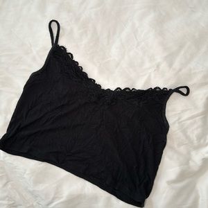 Black ribbed cropped tank top with lace detailing from aerie